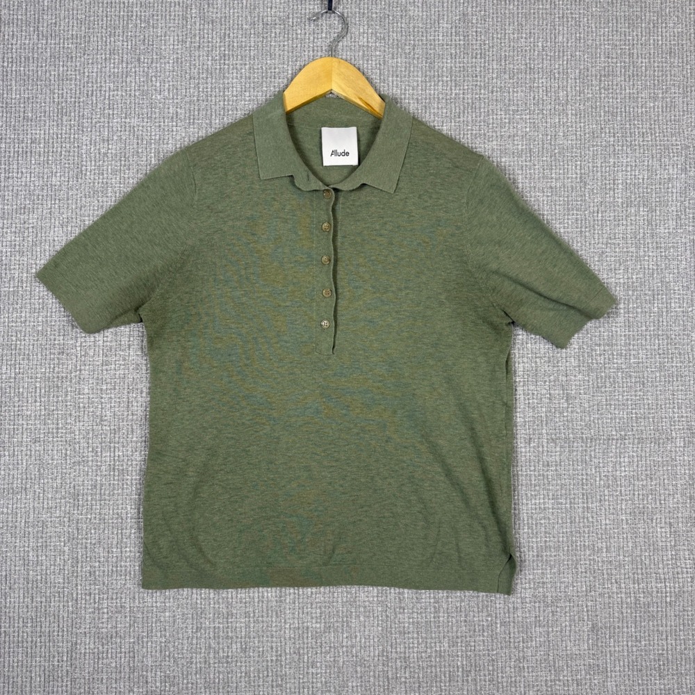 Allude Sz S Knit Polo Sweater Button Up SS‎ Olive Green Top Preppy Money Luxury